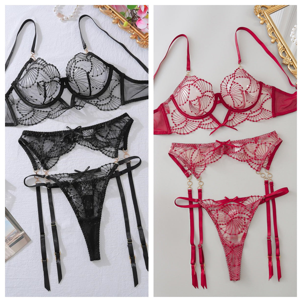 Women's Lace Embroidered Sheer Bra Set - Three-Piece Hollowed Out Lingerie