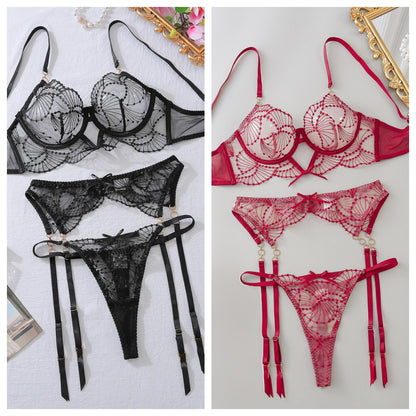 Women's Lace Embroidered Sheer Bra Set - Three-Piece Hollowed Out Lingerie