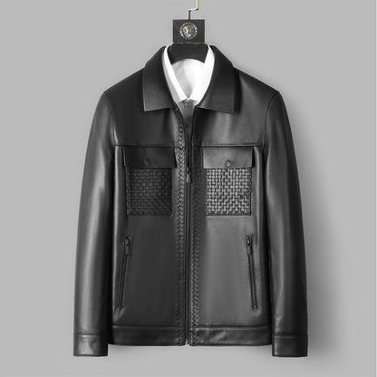 Genuine Sheepskin Leather Jacket - Men's Short Lapel Business Casual Coat