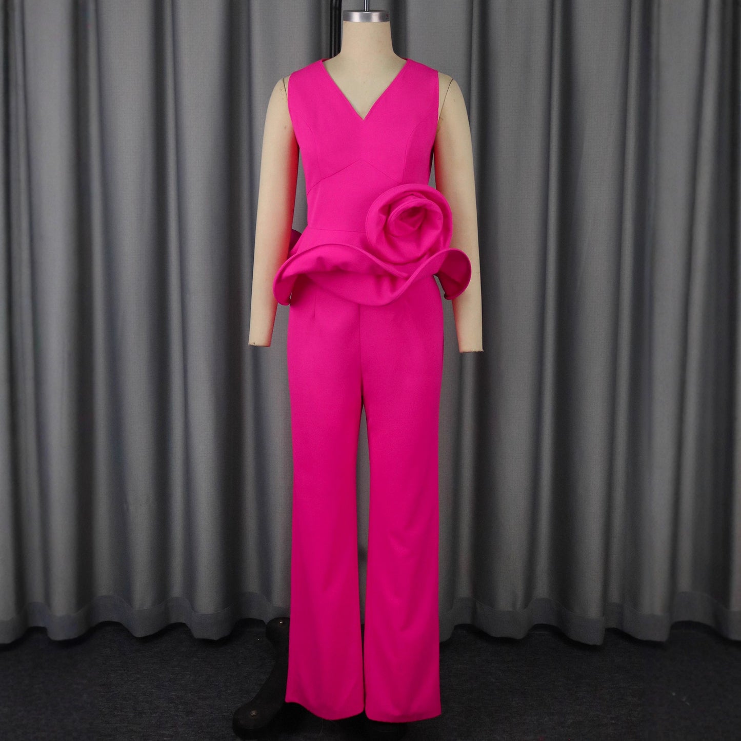 Women's 3D Floral V-Neck Sleeveless Top & High-Waist Straight-Leg Pants Set