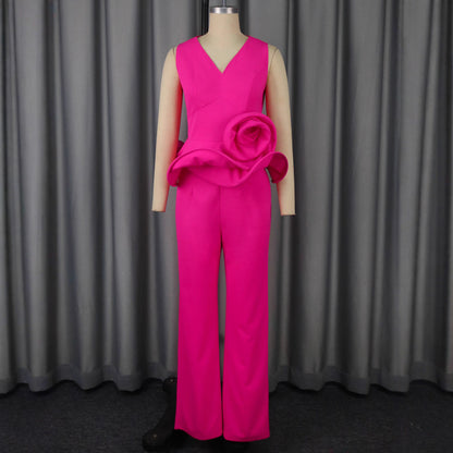 Women's 3D Floral V-Neck Sleeveless Top & High-Waist Straight-Leg Pants Set