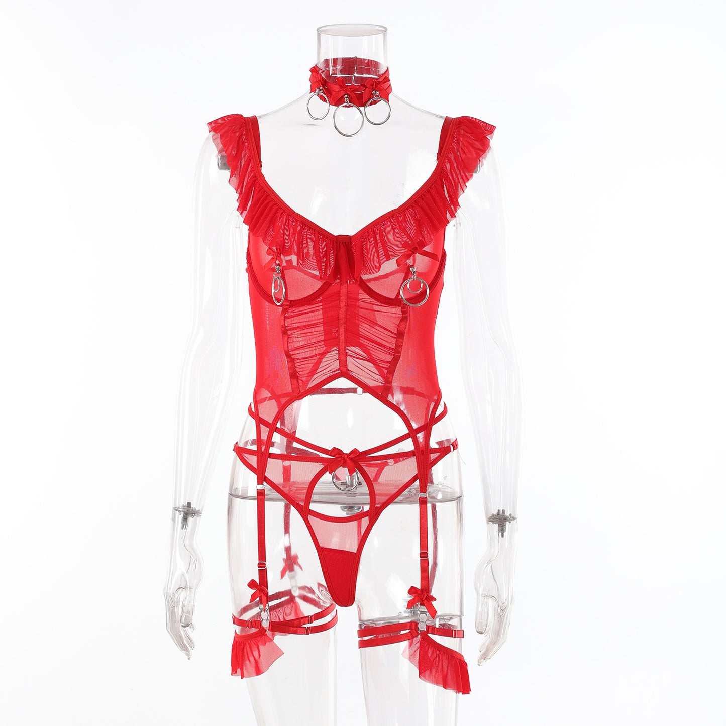 Women's Lace Bow Lingerie Set - Four-Piece Garter Collection with Collar