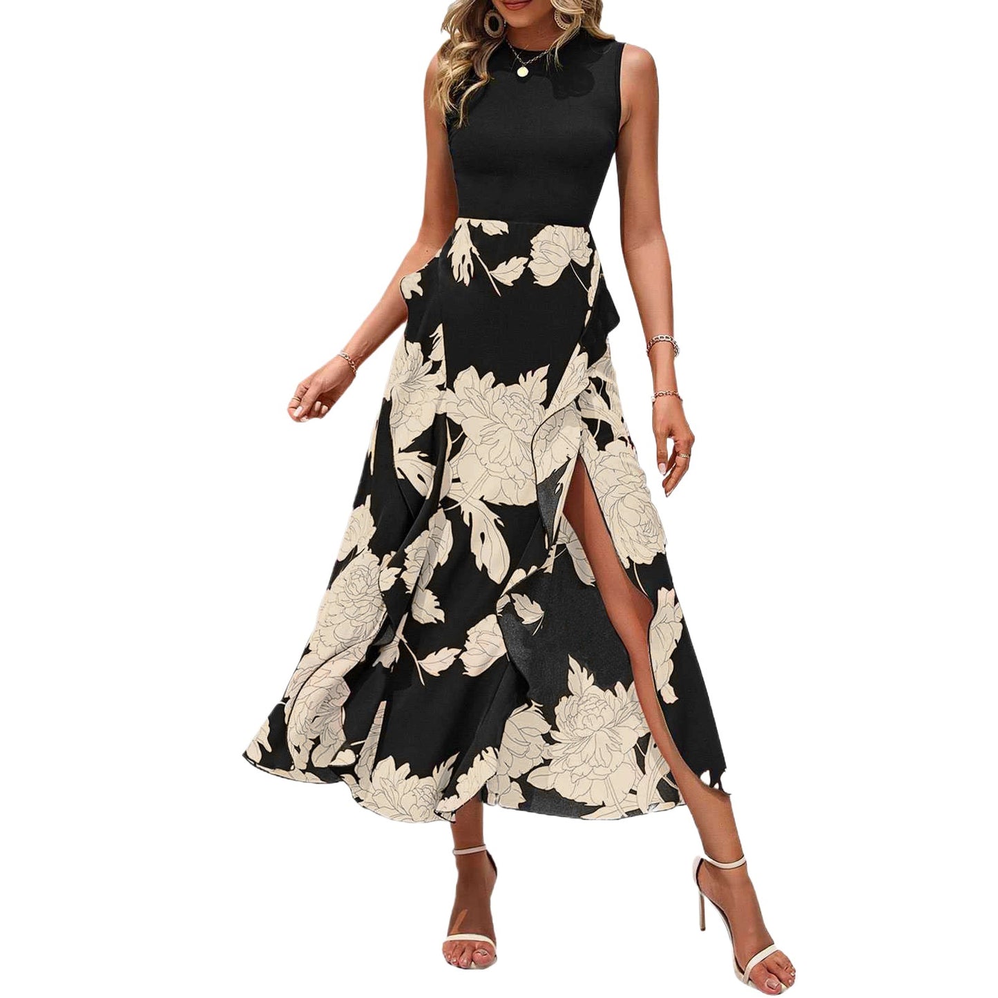 Women's Floral Crew-Neck Ruffled Sleeveless Dress - Elegant Summer Dress