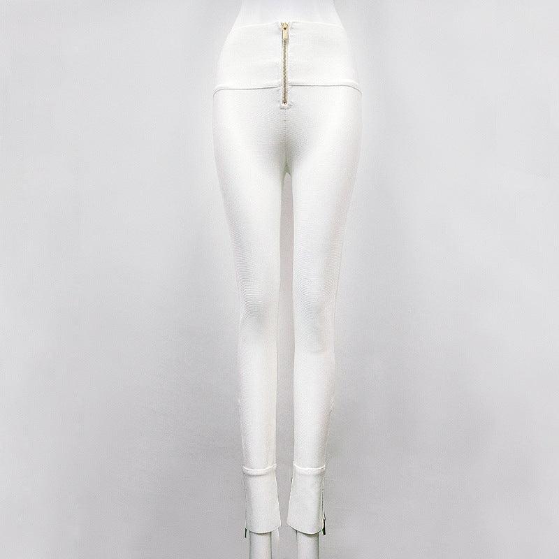 Bandage Stretch Leggings with Zipper Detail - White Fitted Pants