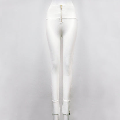 Bandage Stretch Leggings with Zipper Detail - White Fitted Pants