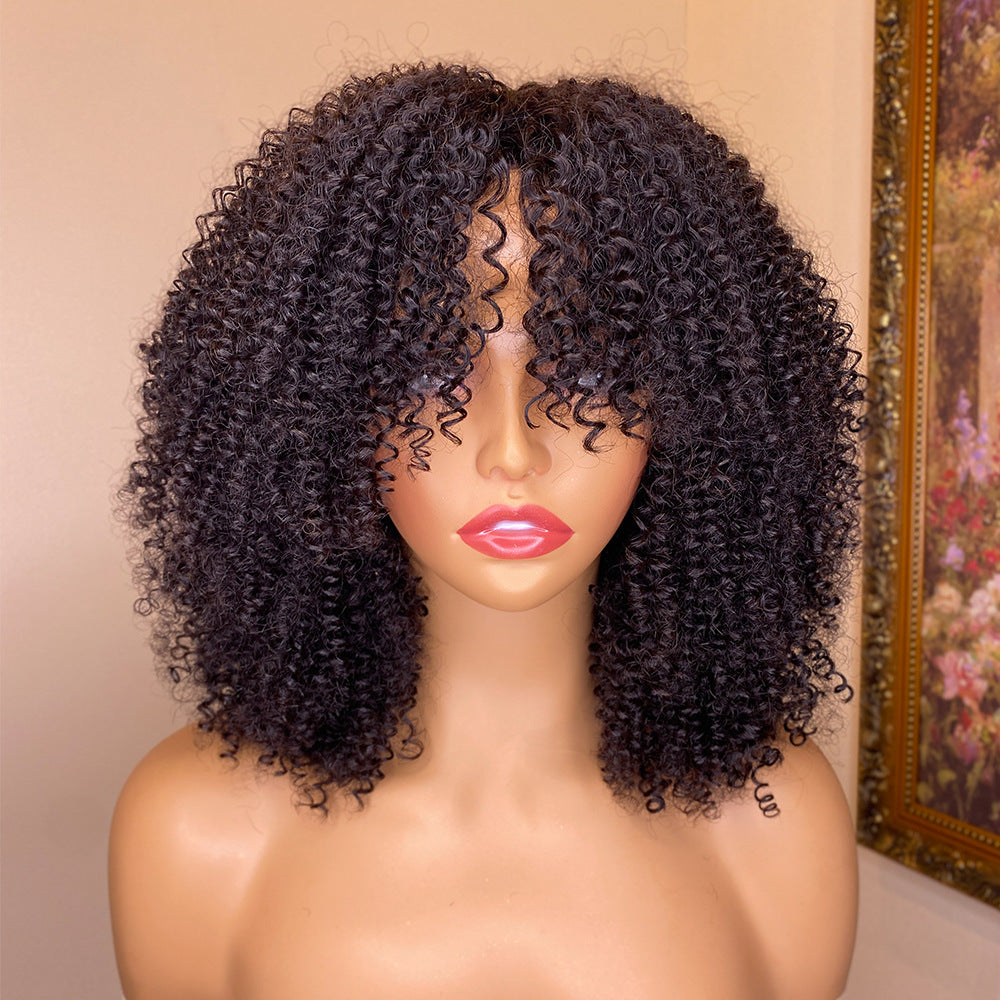 Kinky Curly Human Hair Wig with Bangs - Natural Texture Full Wig