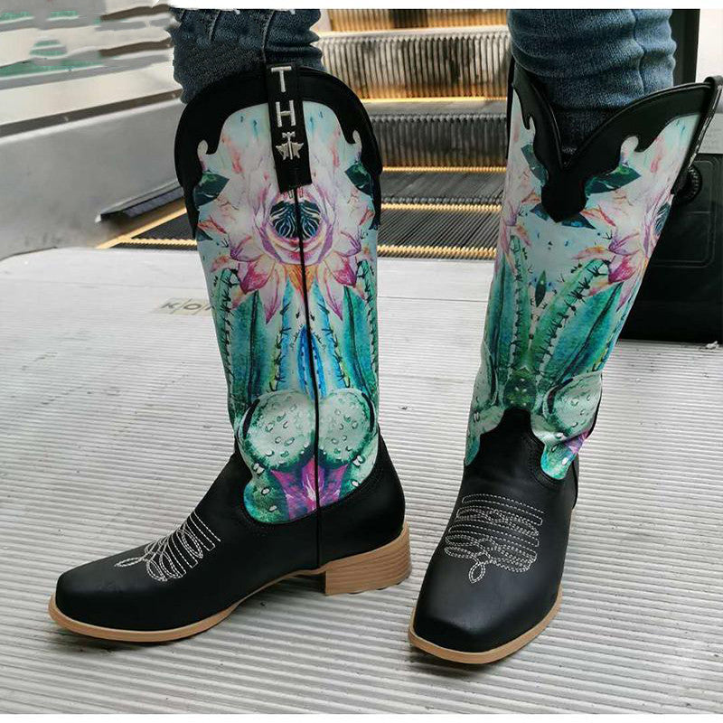Women's Flower Print Patchwork Western Boots - Retro Slip-On Ankle Boots