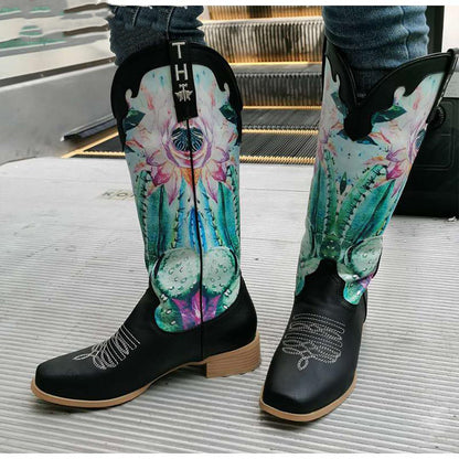 Women's Flower Print Patchwork Western Boots - Retro Slip-On Ankle Boots