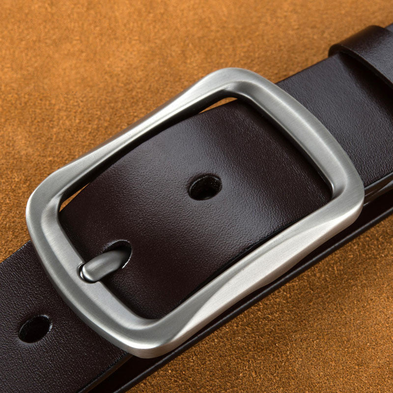 Men's Plus Size First Layer Cowhide Leather Belt - Casual Frosted Finish with Alloy Square Buckle