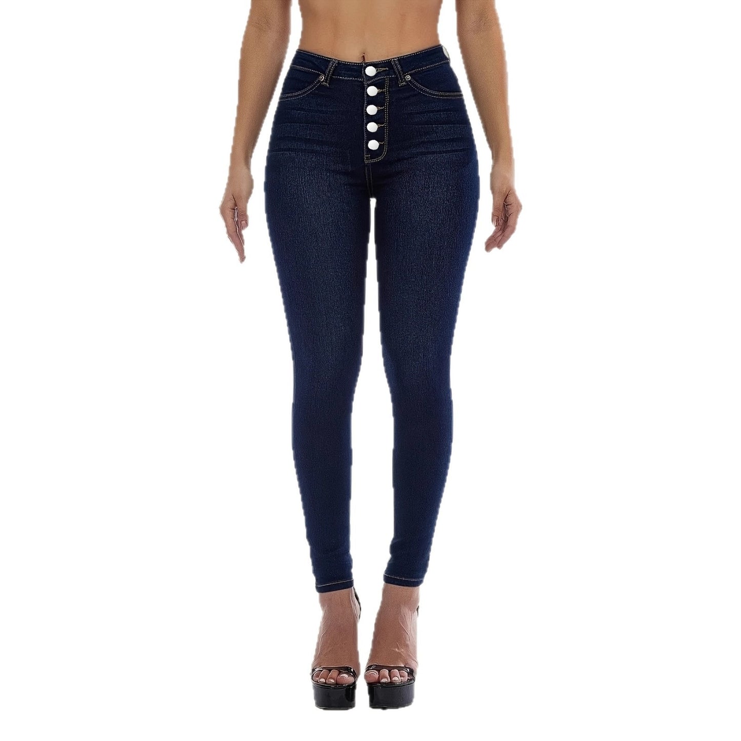Women's High-Waisted Stretchy Multi-Button Skinny Jeans - Slim Fit Denim Pants