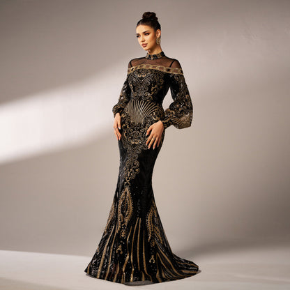 Women's Long Sleeve Sequin Mesh Fishtail Evening Gown – Round Neck Slim Fit Maxi Dress