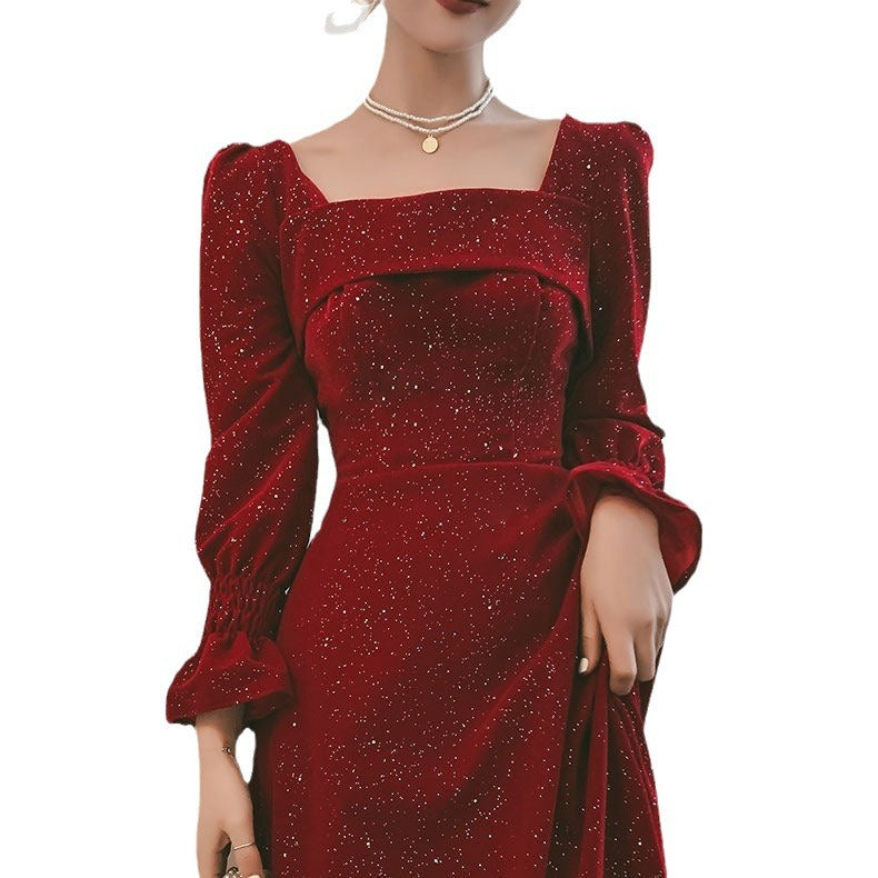 Women's Red Cotton Mid-Rise Dress – Elegant Bridal Toast Party Attire