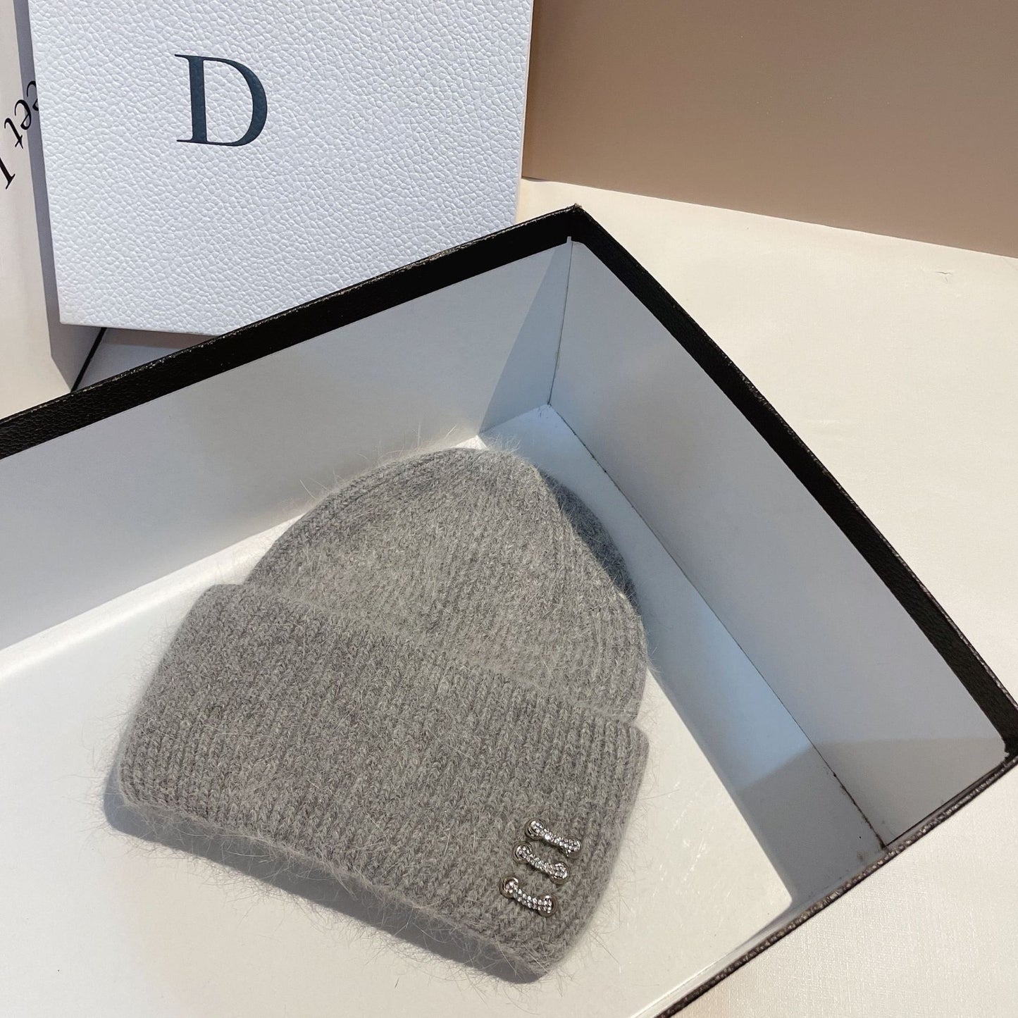 Women's Rabbit Fur Knitted Hat with Buckle - Winter Dome Crown Beanie
