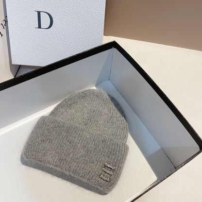 Women's Rabbit Fur Knitted Hat with Buckle - Winter Dome Crown Beanie