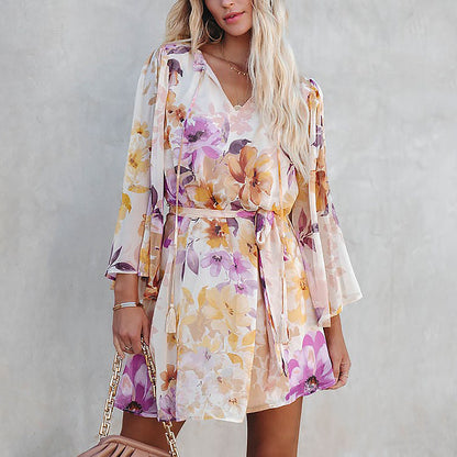 Floral V-Neck Long Sleeve A-Line Dress with Open Back Strap Detail