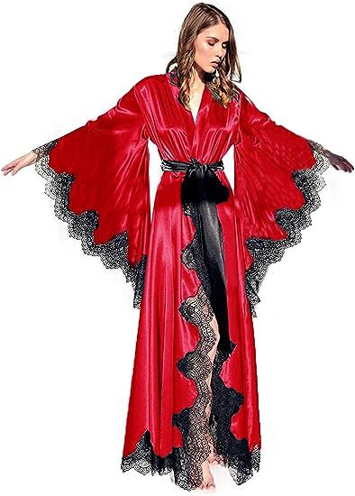Women's Long Satin Bridal Robe with Lace Trim - V-Neck Wrap Sleepwear