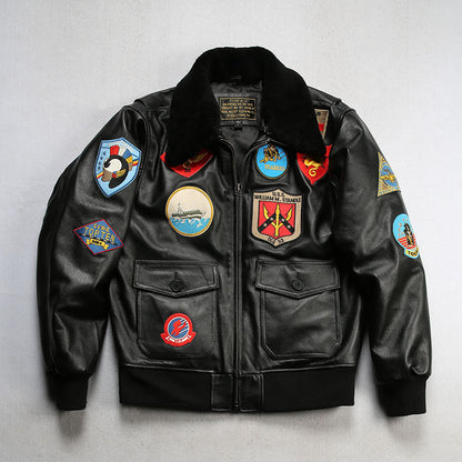 Casual Cowhide Leather Jacket - Vintage Style with Lapel Collar and Zipper for Men & Women