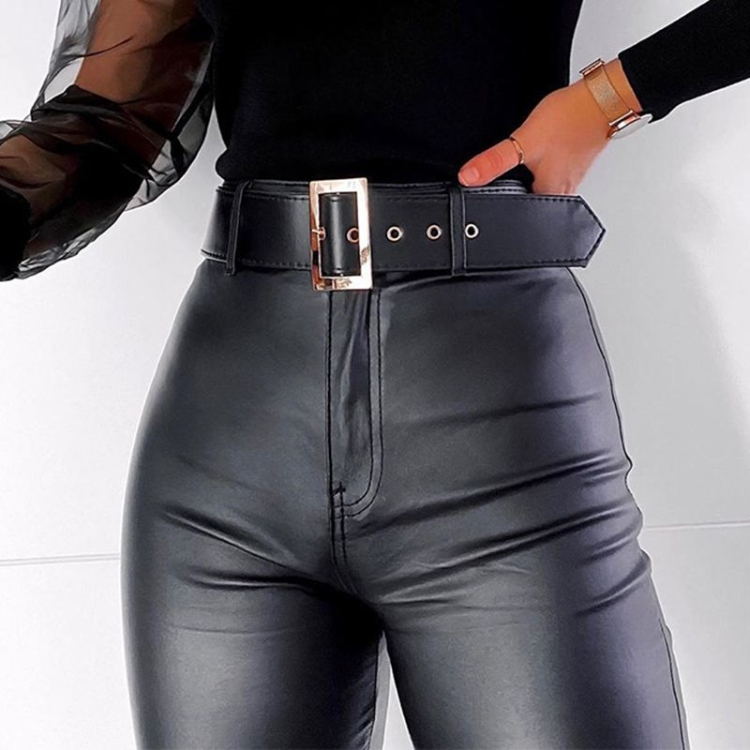 Women's PU Leather Pants - High-Waist Fitted Faux Leather Trousers