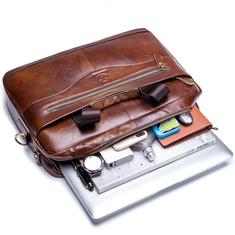Men's First Layer Cowhide Leather Briefcase - Business Casual with Computer Compartment