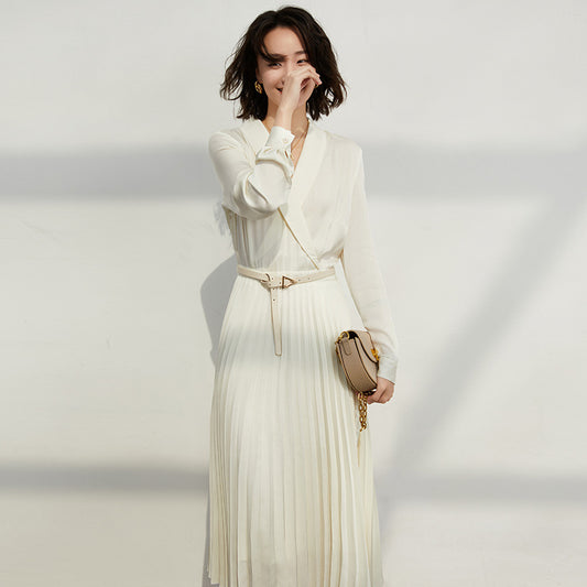Premium Silk Patchwork Pleated Dress - Elegant Color Block Design