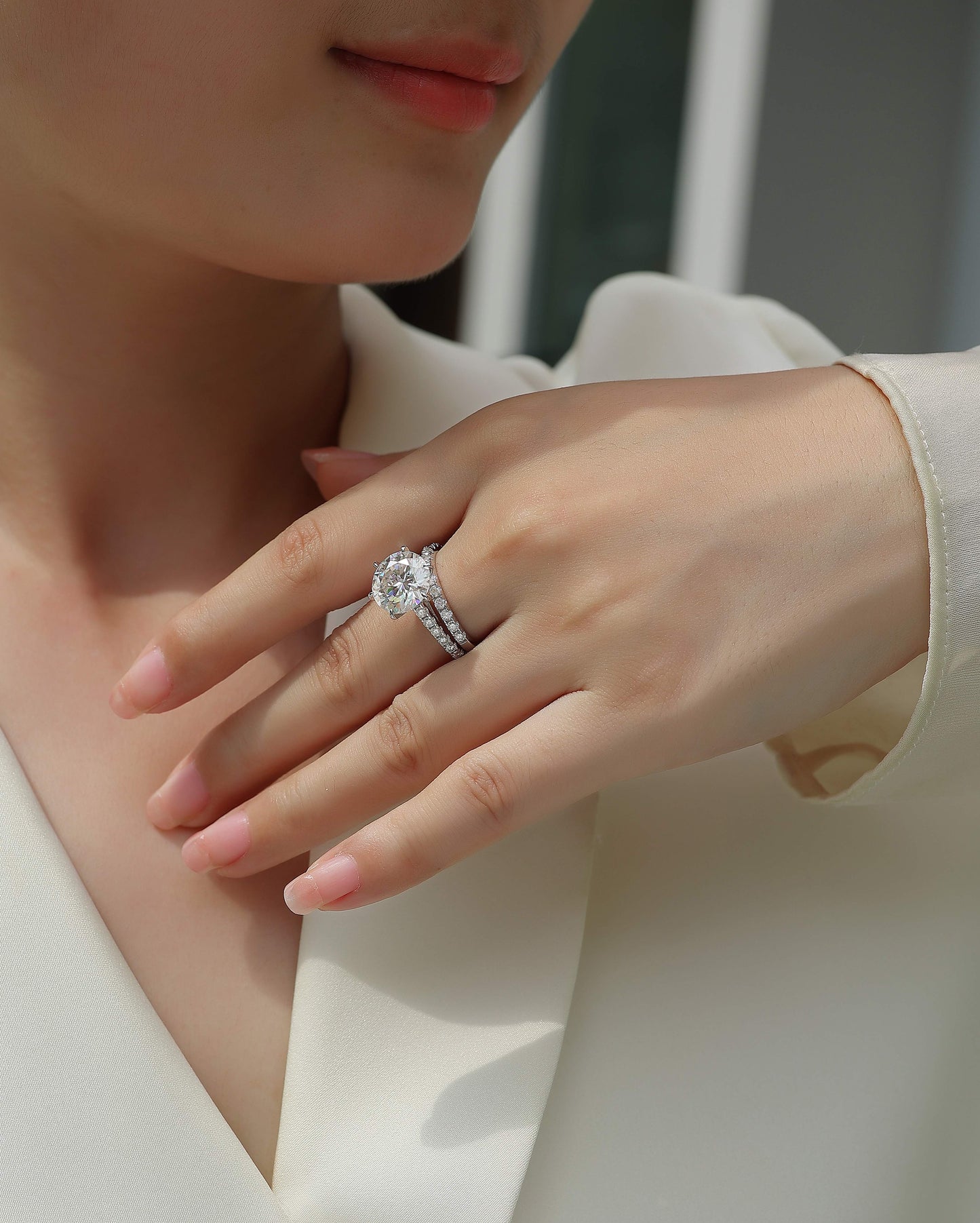 5 Carat Moissanite Sterling Silver Ring - Platinum Plated Wedding Band