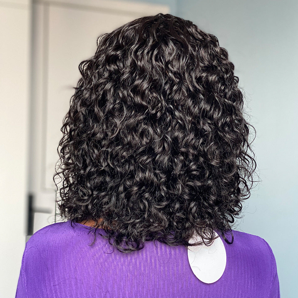 Human Hair Water Wave Wig with Bangs - Natural Black Fringe Wig