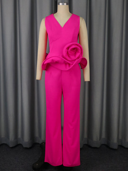 Women's 3D Floral V-Neck Sleeveless Top & High-Waist Straight-Leg Pants Set
