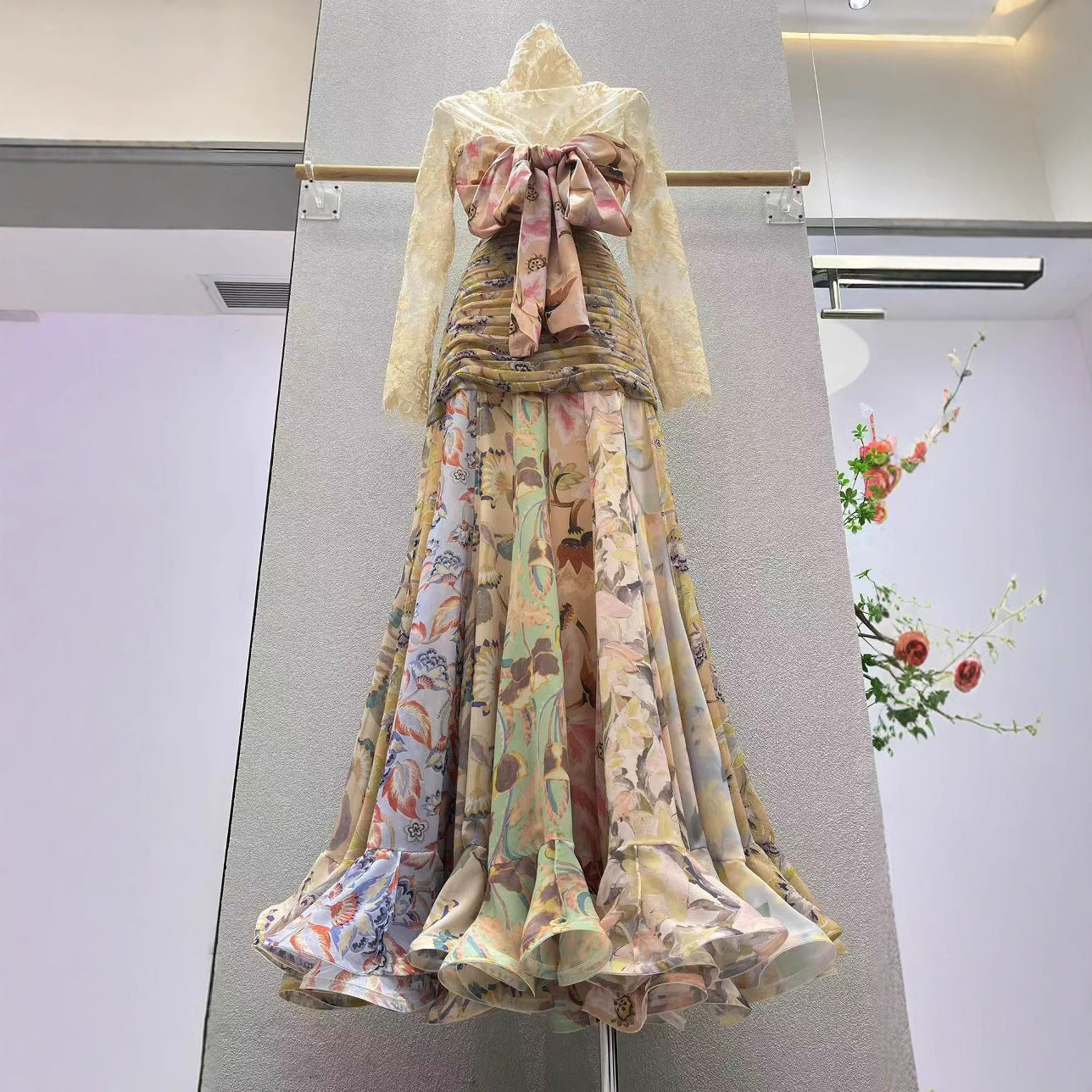 Women's Silk Ribbon Ruffled Long Skirt Dress - Lace-Up Style with Low Waist