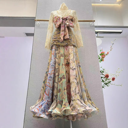 Women's Silk Ribbon Ruffled Long Skirt Dress - Lace-Up Style with Low Waist