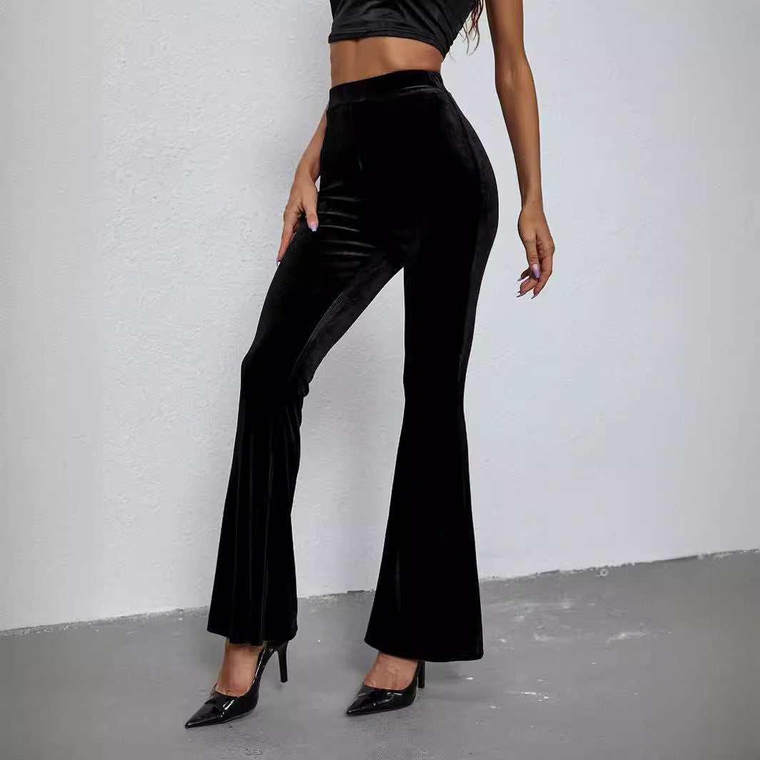 Women's High Waist Velvet Flared Pants - Slim Fit Solid Color Trousers