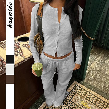 Women's Solid-Color Base Shirt and Casual Pants Set - Polyester Two-Piece Outfit