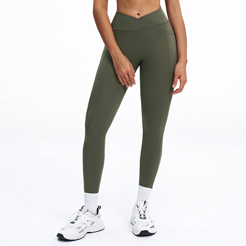 High-Waist Crossover Yoga Pants - Women's Nylon-Spandex Athletic Leggings