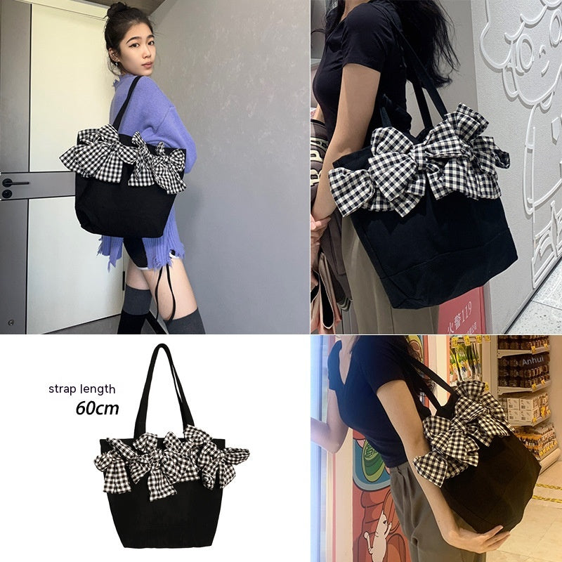Nylon Plaid Tote Bag - Large Capacity Shopping Bag with Bow Detail