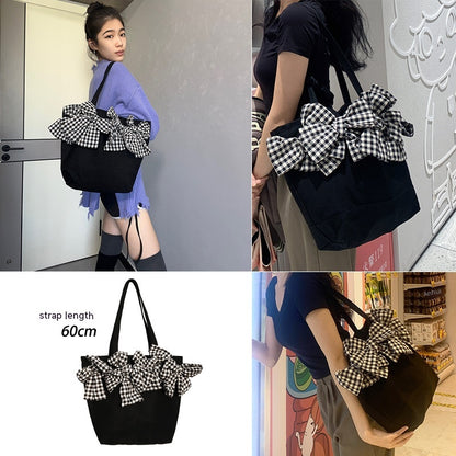 Nylon Plaid Tote Bag - Large Capacity Shopping Bag with Bow Detail