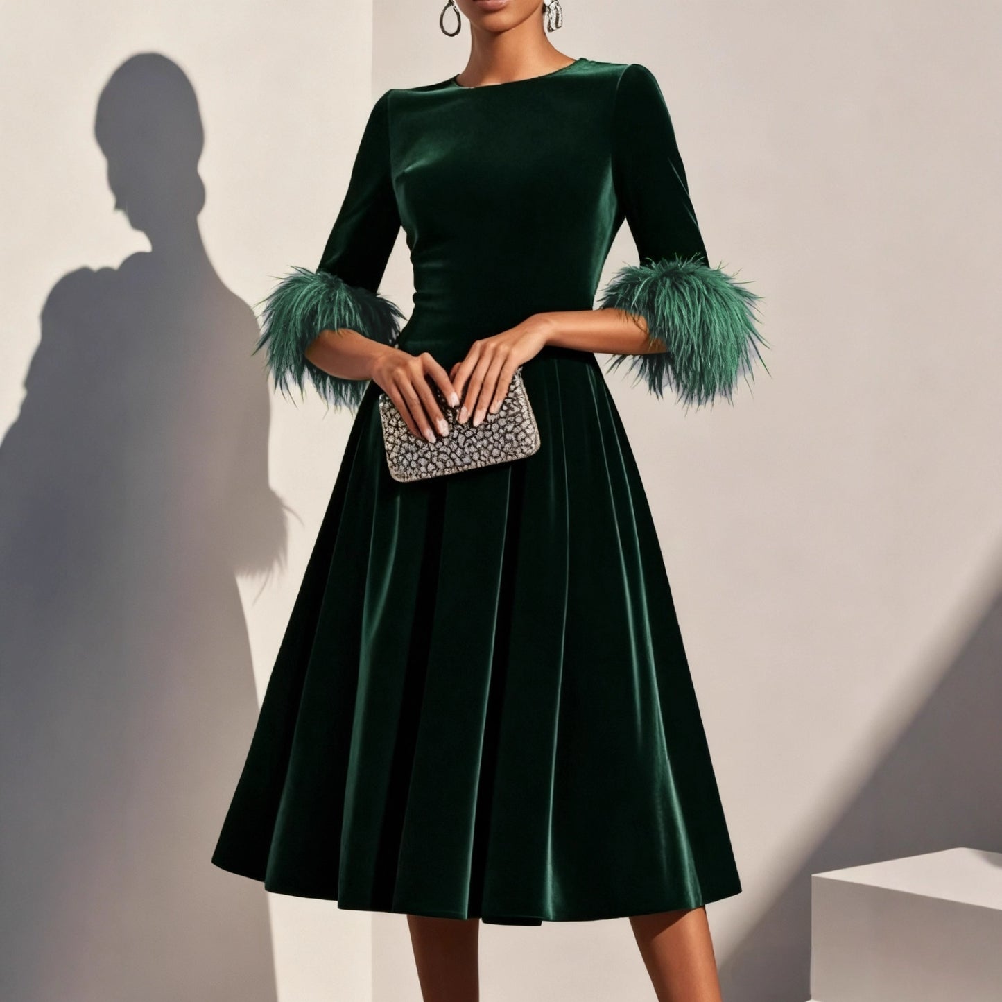 Women's Elegant Round-Neck Velvet Dress - Mid-Length Three-Quarter Sleeve
