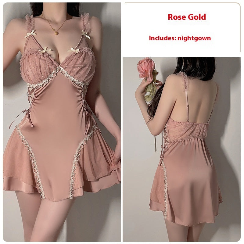 Women's Satin Lace Nightdress - Smooth Polyester Sleepwear with Deep V Neckline