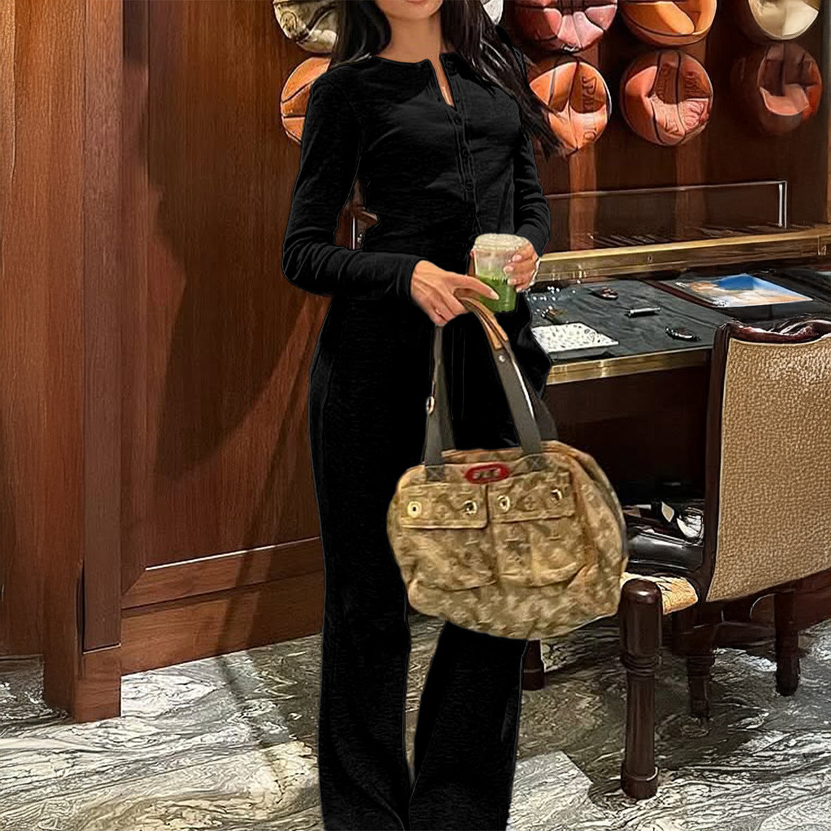 Women's Solid-Color Base Shirt and Casual Pants Set - Polyester Two-Piece Outfit