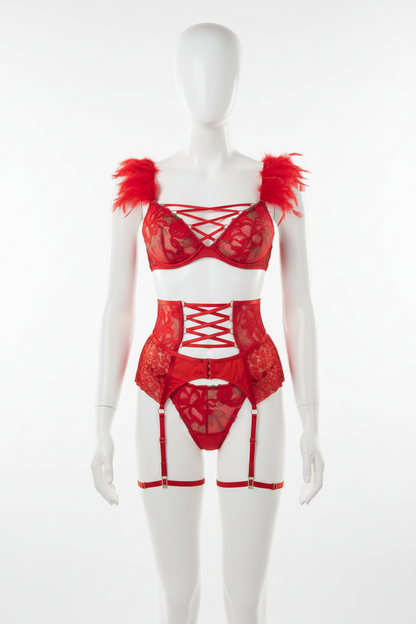 Women's Embroidered Garter Strap Lingerie Set - Four-Piece Collection