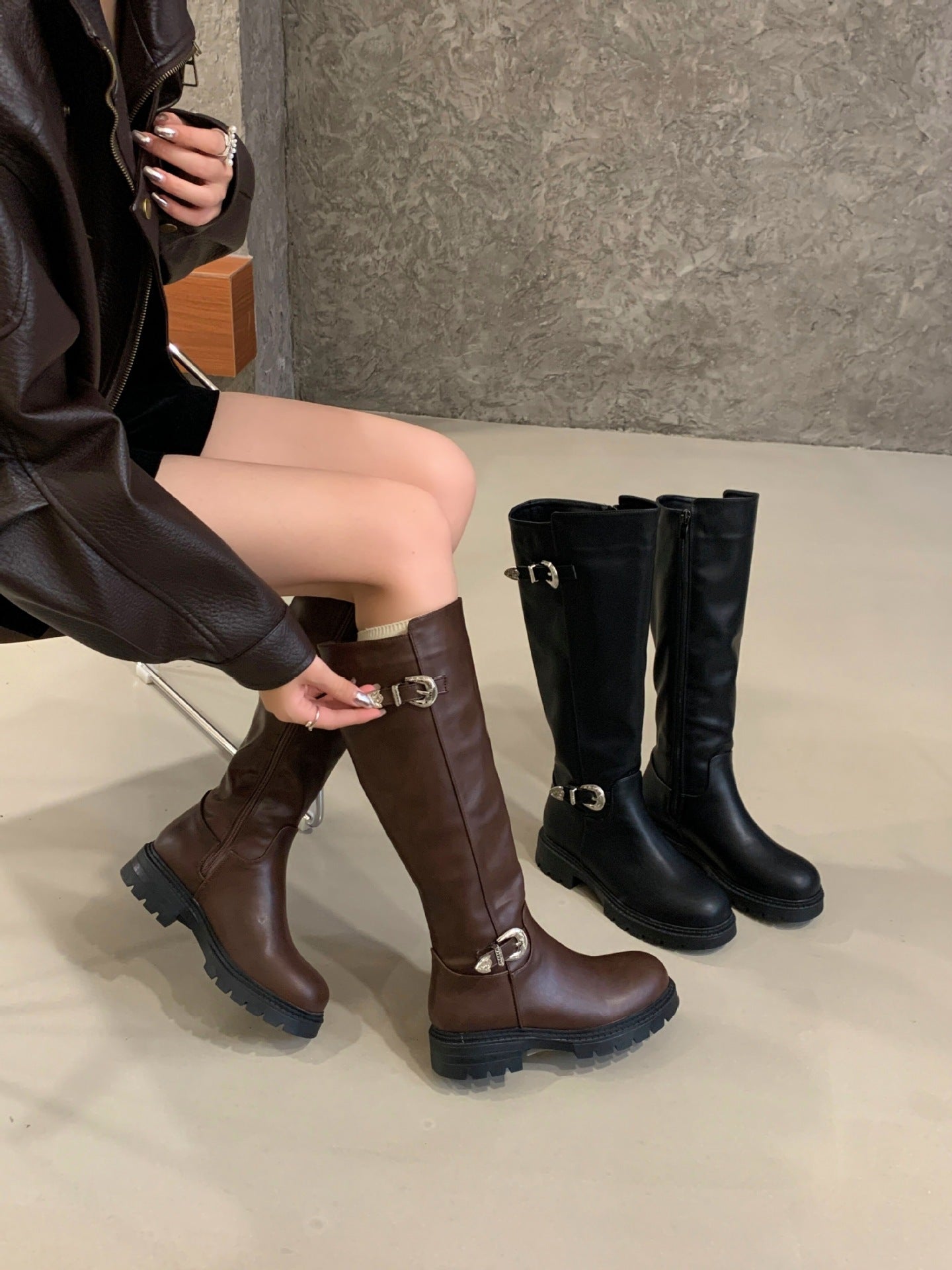 Women's High-Top Ankle Boots with Belt Buckle & Side Zipper