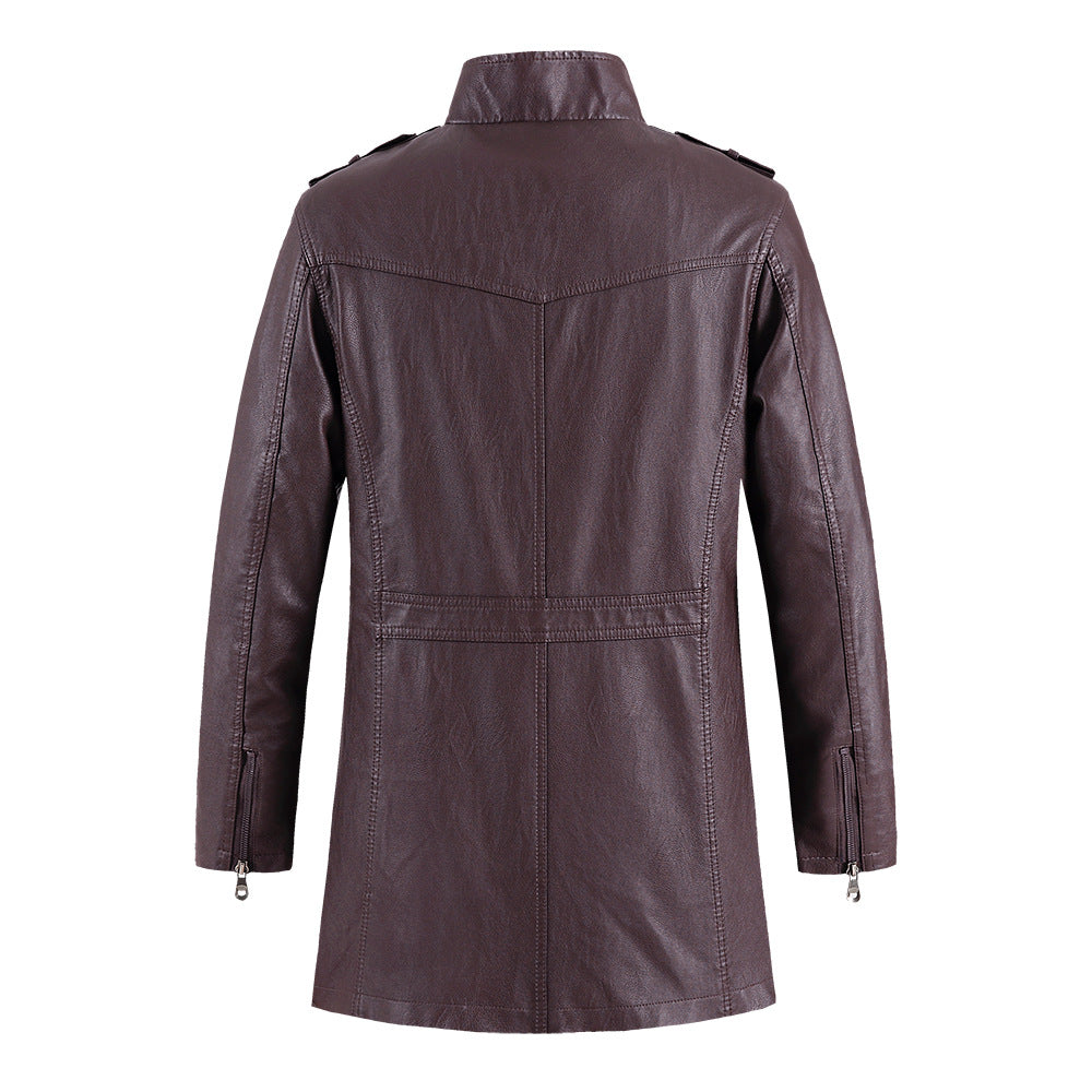 Men's Standing Collar Plush Leather Jacket - PU Leather with Cotton Lining