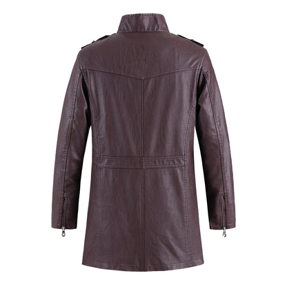 Men's Standing Collar Plush Leather Jacket - PU Leather with Cotton Lining
