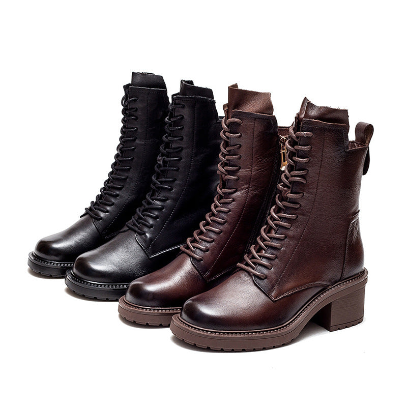 Cowhide Leather Mid-Barrel Martin Boots - Women's Vintage Knight Boots with Anti-Slip Rubber Sole
