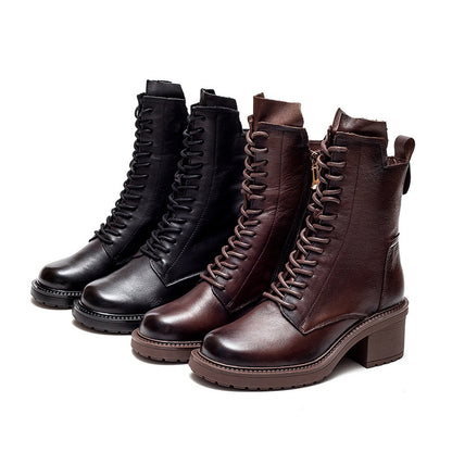 Cowhide Leather Mid-Barrel Martin Boots - Women's Vintage Knight Boots with Anti-Slip Rubber Sole