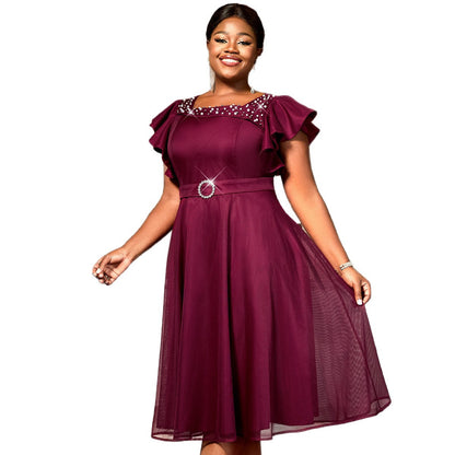 Women's Mesh Butterfly Sleeve Ruffle A-Line Midi Dress | Party & Wedding Guest