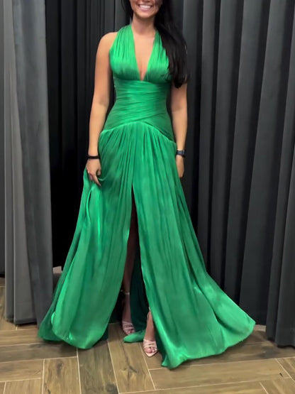 Women's Emerald Green Plunge-Neck Pleated Maxi Gown with Side Slit