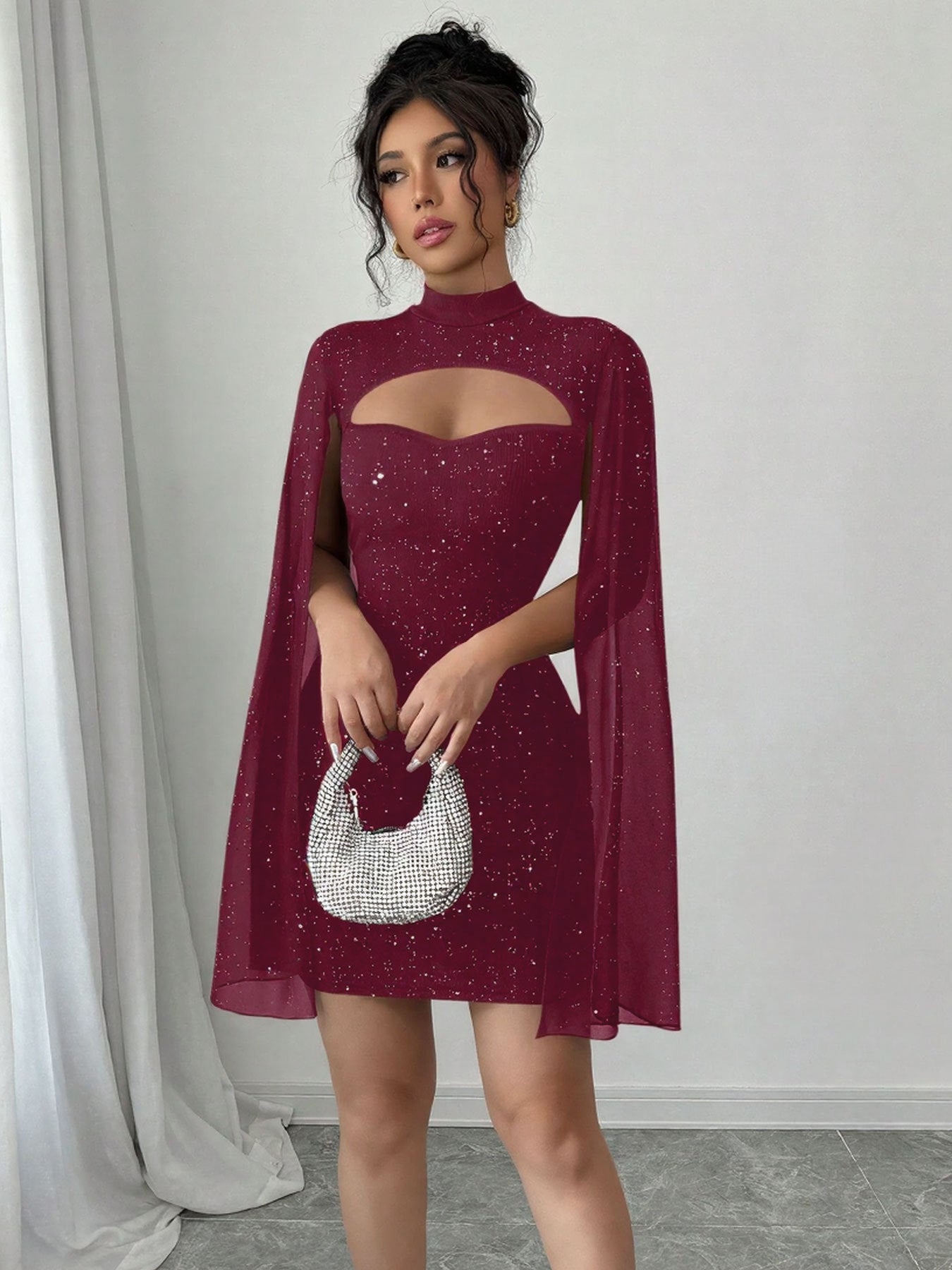 Women's Round-Neck Ribbed Pearl Chiffon Cape Bodycon Dress - Elegant Mini Dress