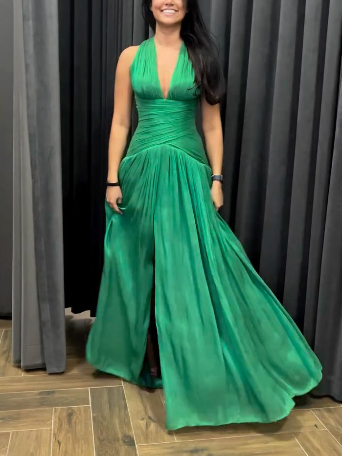 Women's Emerald Green Plunge-Neck Pleated Maxi Gown with Side Slit