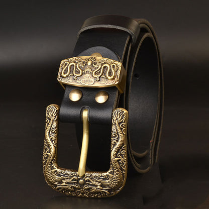 Men's Genuine Leather Belt with Solid Brass Buckle - Casual Pin Buckle
