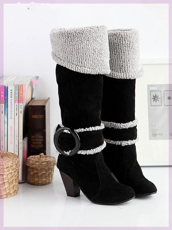 High Heel Knee-High Motorcycle Boots - Buckle Detail Fashion Boots