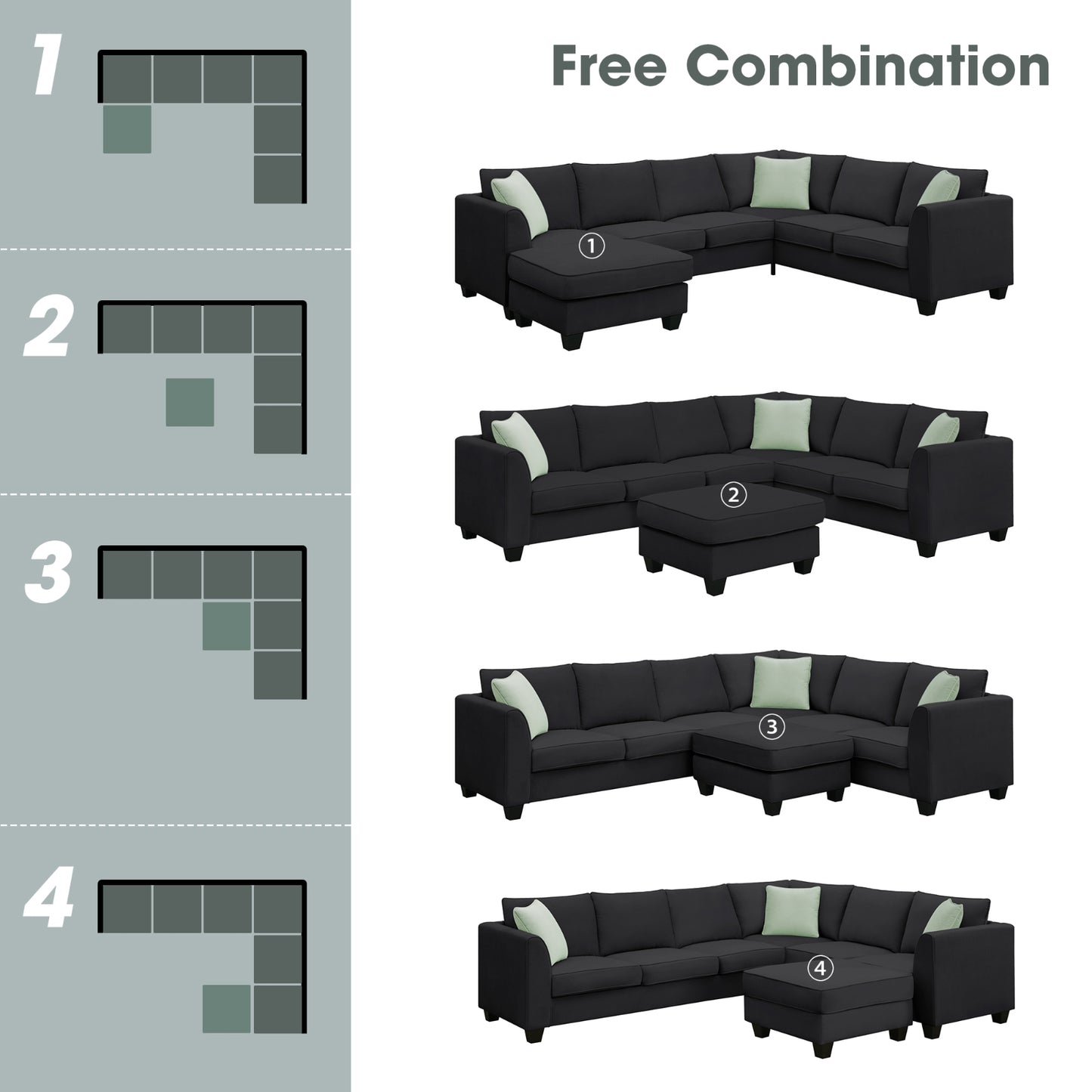 7-Seat Modular L-Shaped Sectional Sofa Set with Ottoman - 112" x 87" Black Polyester Fabric